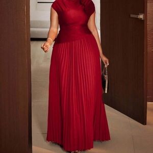 Maweii New Year Elegant Solid Color Pleated Round Neck cap sleeve dress burgundy